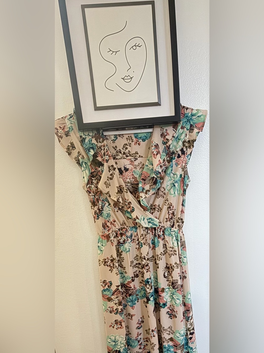 Monteau Beige Floral Maxi Dress with Teal and Pink Accents